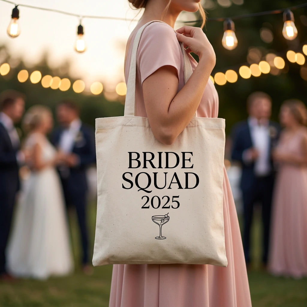 Person holding a tote bag with 'BRIDE SQUAD 2025' text at a wedding reception.