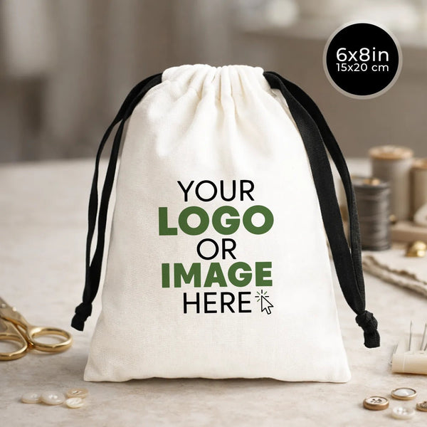 Custom White Canvas Drawstring Bag – Black Cord - 6" × 8" (15 × 20 cm) – 10 oz - Pamusan.com