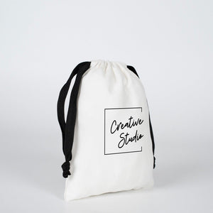 Custom White Canvas Drawstring Bag – Black Cord - 6" × 8" (15 × 20 cm) – 10 oz - Pamusan.com