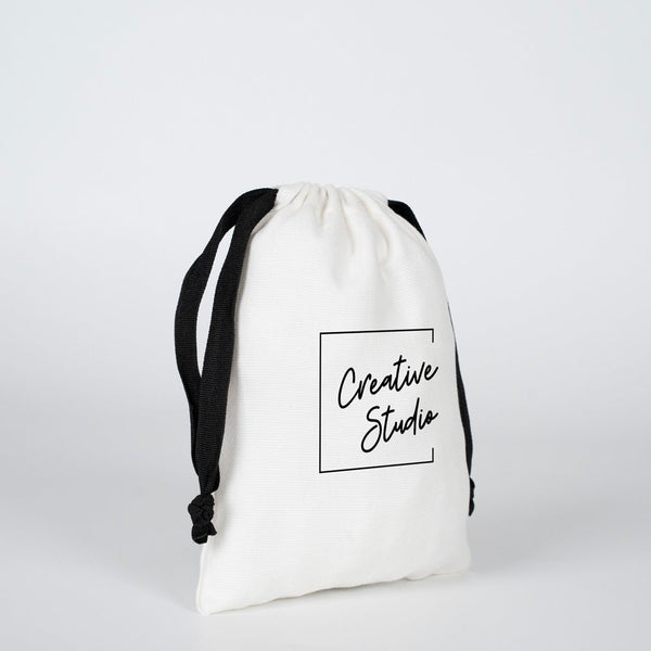 Custom White Canvas Drawstring Bag – Black Cord - 6" × 8" (15 × 20 cm) – 10 oz - Pamusan.com