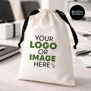 Custom White Canvas Drawstring Bag – Black Cord - 8" × 12" (20 × 30 cm) - Pamusan.com