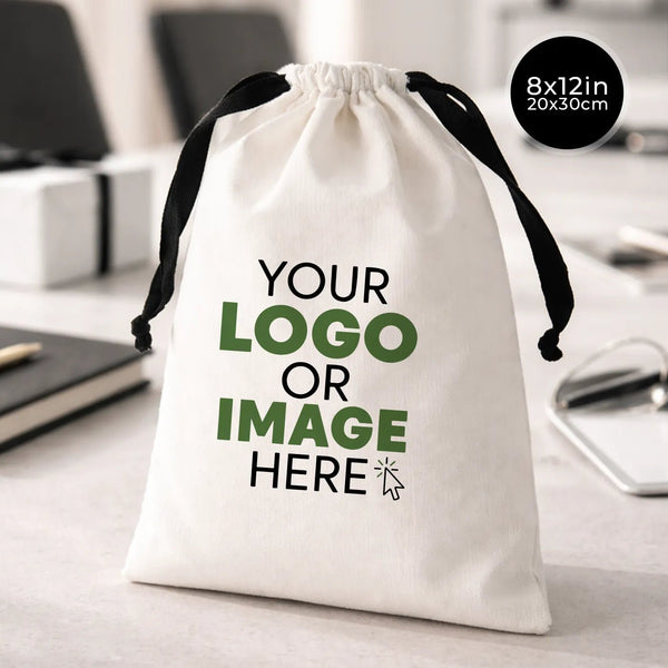 Custom White Canvas Drawstring Bag – Black Cord - 8" × 12" (20 × 30 cm) - Pamusan.com