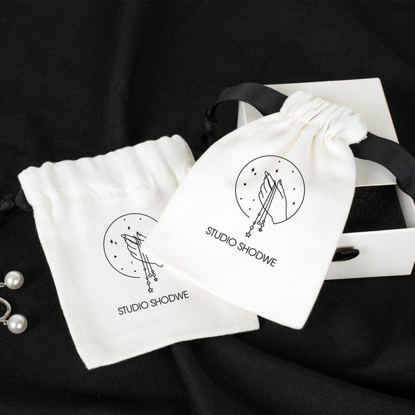 Custom White Cotton Sock Gift Bag – Black Drawstring - 4" x 5" (10×13 cm) - Pamusan.com