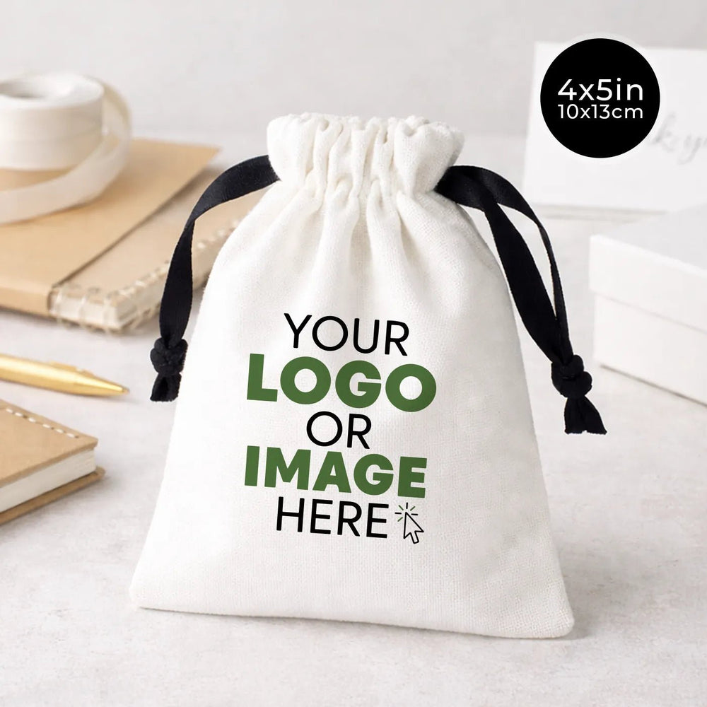 Custom White Cotton Sock Gift Bag – Black Drawstring - 4" x 5" (10×13 cm) - Pamusan.com