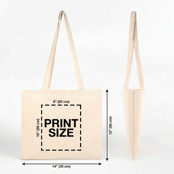 Custom Wide Tote Bag 14"x12" With Logo – print size diagram in inches and cm – Pamusan.com