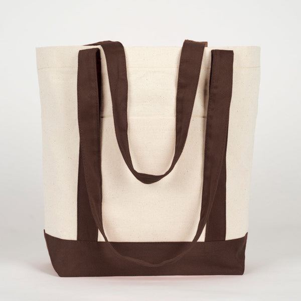 Front view of the blank canvas tote bag with dark brown handles - Pamusan.com