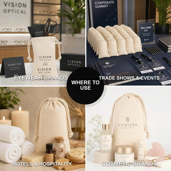 Cotton muslin pouch use cases: eyewear brands, trade shows & events, hotels & hospitality, cosmetic brands