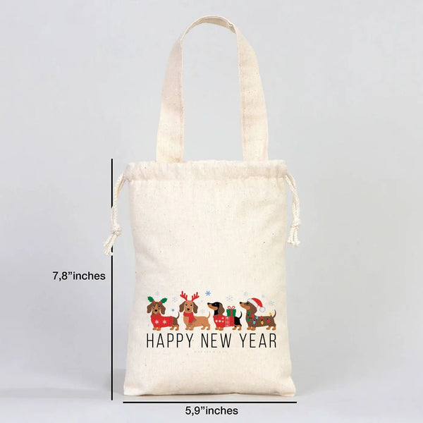 Drawstring Gift Pouch 6" × 8" (15.5 × 20 cm) – New Year Printed Fabric Bag, Short Handle - Pamusan.com