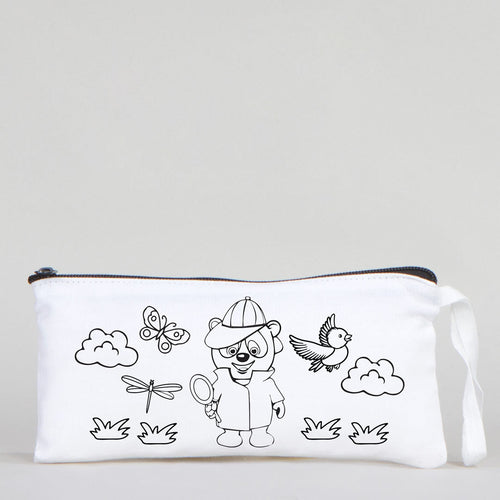 Dyeable Fabric Pencil Case 8" W x 4" H (21cm x 10cm) - Detective Bear - Pamusan.com