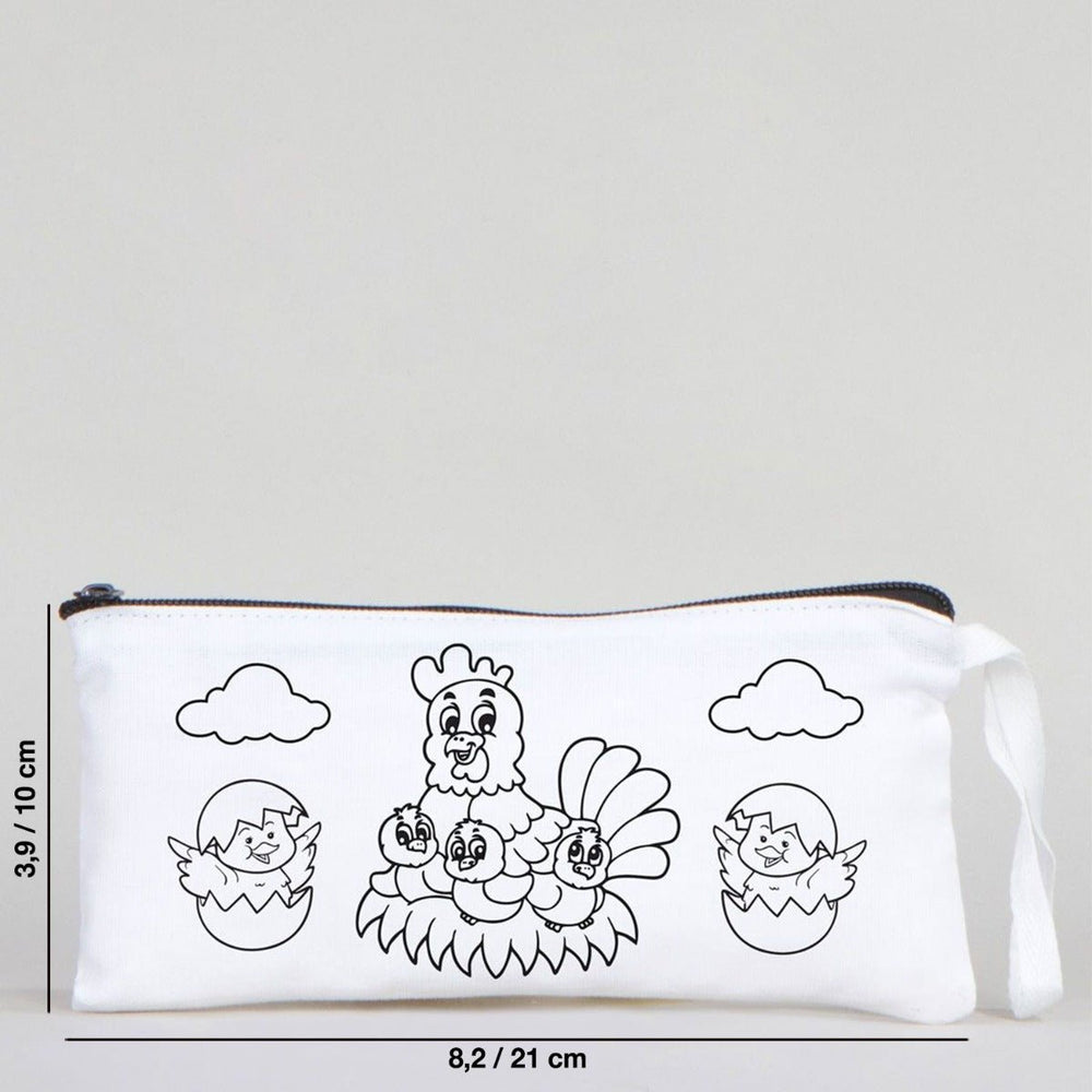 Dyeable Fabric Pencil Case 8" W x 4" H (21cm x 10cm) - Happy Chickens - Pamusan.com
