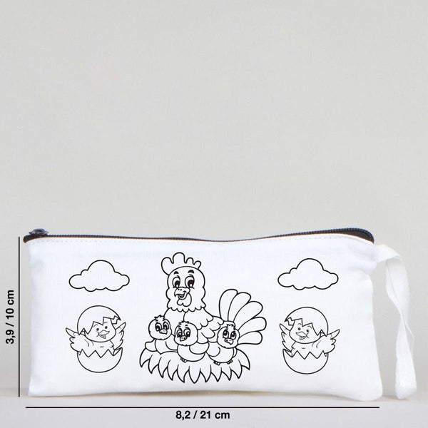 Dyeable Fabric Pencil Case 8" W x 4" H (21cm x 10cm) - Happy Chickens - Pamusan.com
