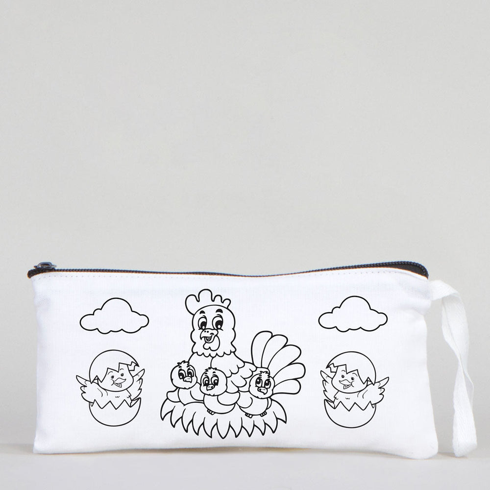 Dyeable Fabric Pencil Case 8" W x 4" H (21cm x 10cm) - Happy Chickens - Pamusan.com