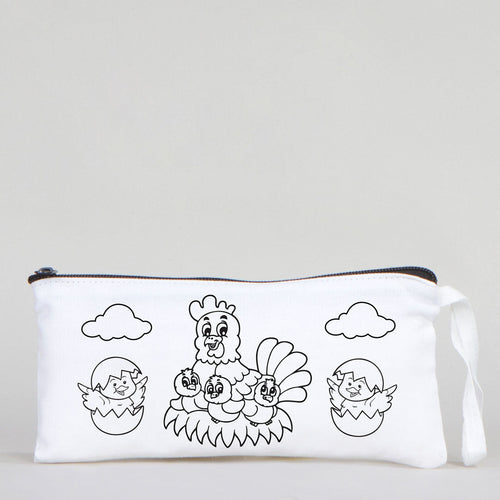 Dyeable Fabric Pencil Case 8" W x 4" H (21cm x 10cm) - Happy Chickens - Pamusan.com
