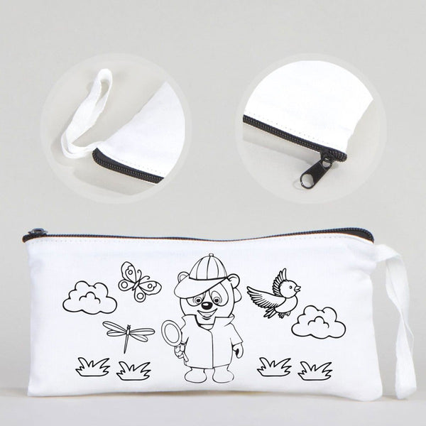 Dyeable Fabric Pencil Case 8" W x 4" H (21cm x 10cm)  -  Detective Bear