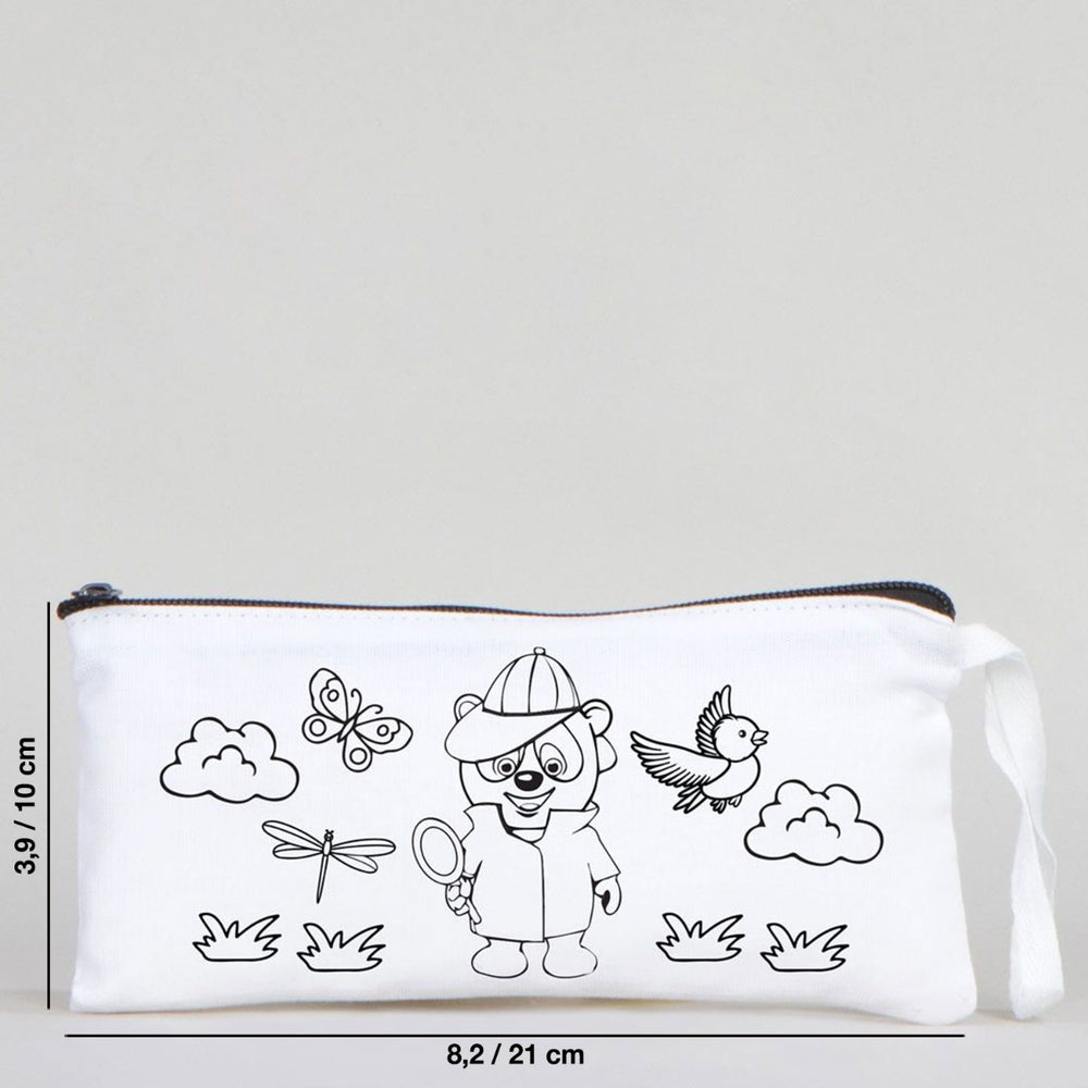 Dyeable Fabric Pencil Case 8" W x 4" H (21cm x 10cm)  -  Detective Bear