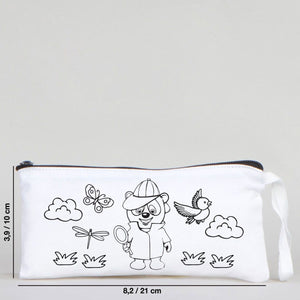 Dyeable Fabric Pencil Case 8" W x 4" H (21cm x 10cm)  -  Detective Bear