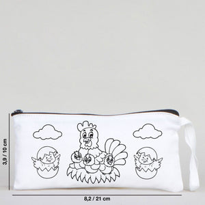 Dyeable Fabric Pencil Case  8" W x 4" H (21cm x 10cm) - Happy Chickens