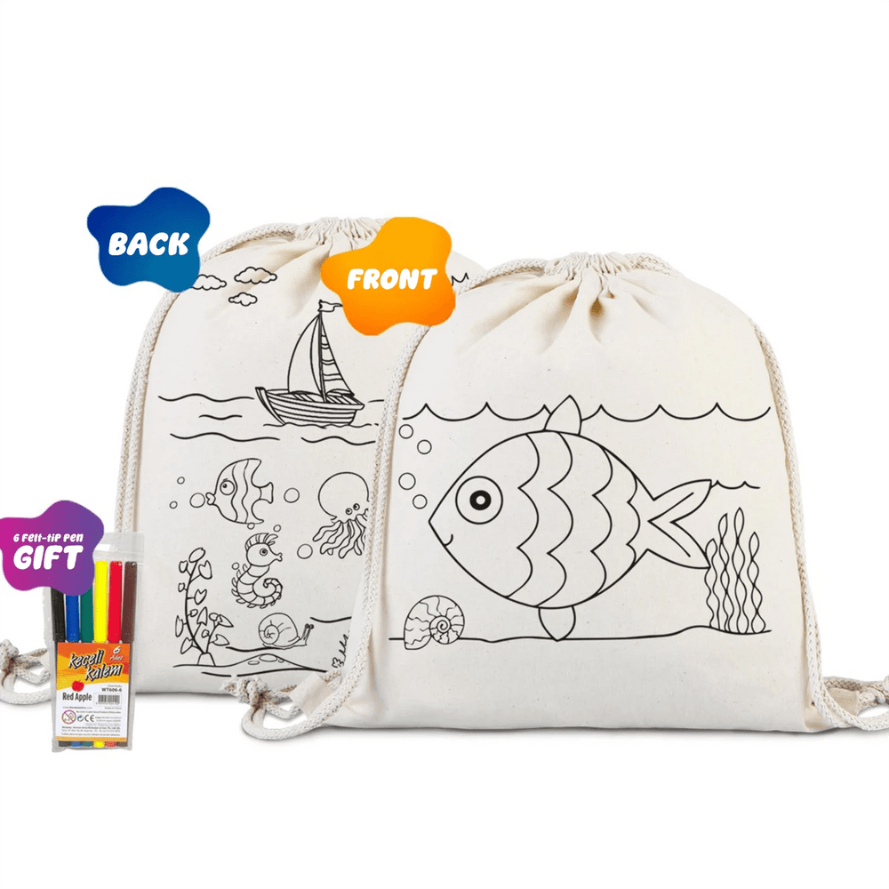 Dyeable Fish & Boat Printed Drawstring Tote Bag 14" W x 16" H (35x 40 cm) - Felt - tip Pen - Pamusan.com