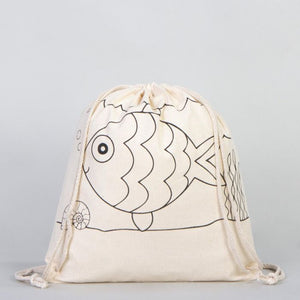Dyeable Fish & Boat Printed Drawstring Tote Bag 14" W x 16" H (35x 40 cm) - Felt - tip Pen - Pamusan.com