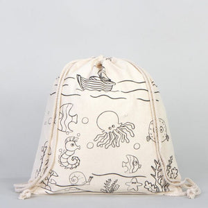 Dyeable Fish & Boat Printed Drawstring Tote Bag 14" W x 16" H (35x 40 cm) - Felt - tip Pen - Pamusan.com