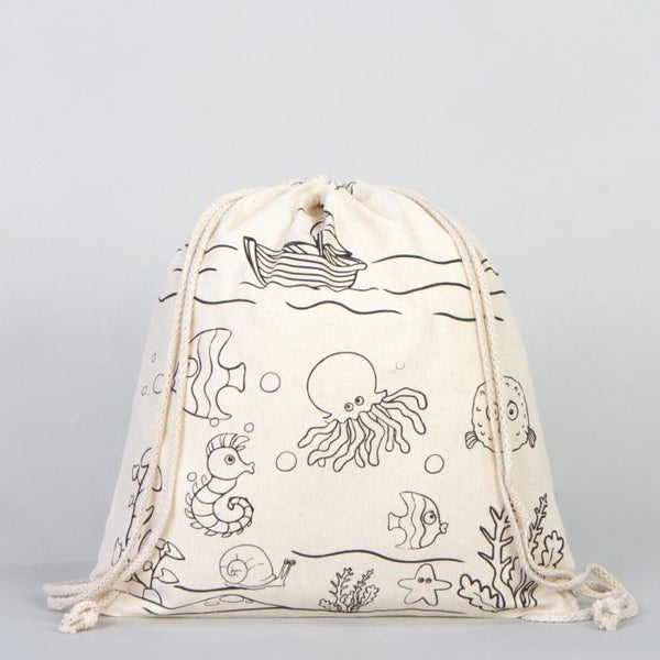 Dyeable Fish & Boat Printed Drawstring Tote Bag 14" W x 16" H (35x 40 cm) - Felt - tip Pen - Pamusan.com