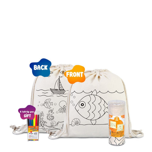 Dyeable Fish & Boat Printed Drawstring Tote Bag 14" W x 16" H (35x 40 cm) - Felt - tip Pen - Pamusan.com