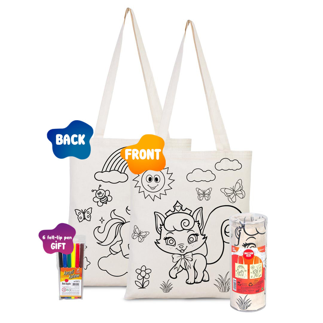 Dyeable Tote Bag 14" W x 16" H (35cm x 40cm) & Felt-tip Pen - Cat & Unicorn