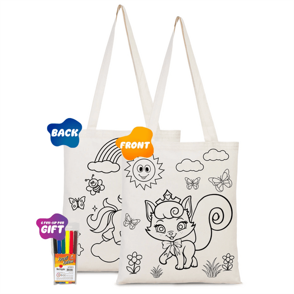 Dyeable Tote Bag 14" W x 16" H (35cm x 40cm) & Felt - tip Pen - Cat & Unicorn - Pamusan.com