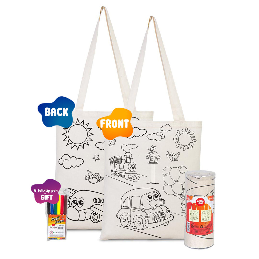 Dyeable Tote Bag 14" W x 16" H (35cm x 40cm) & Felt-tip Pen - Plane & Car