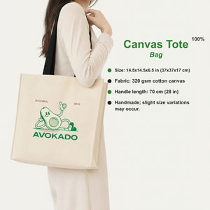 100% cotton canvas large tote bag specs: 14.5x14.5x6.5 in, 320 gsm, 70 cm handle, handmade