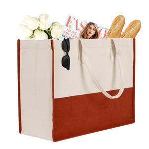 Reusable oversized canvas tote filled with groceries – red and cream cotton beach and market bag
