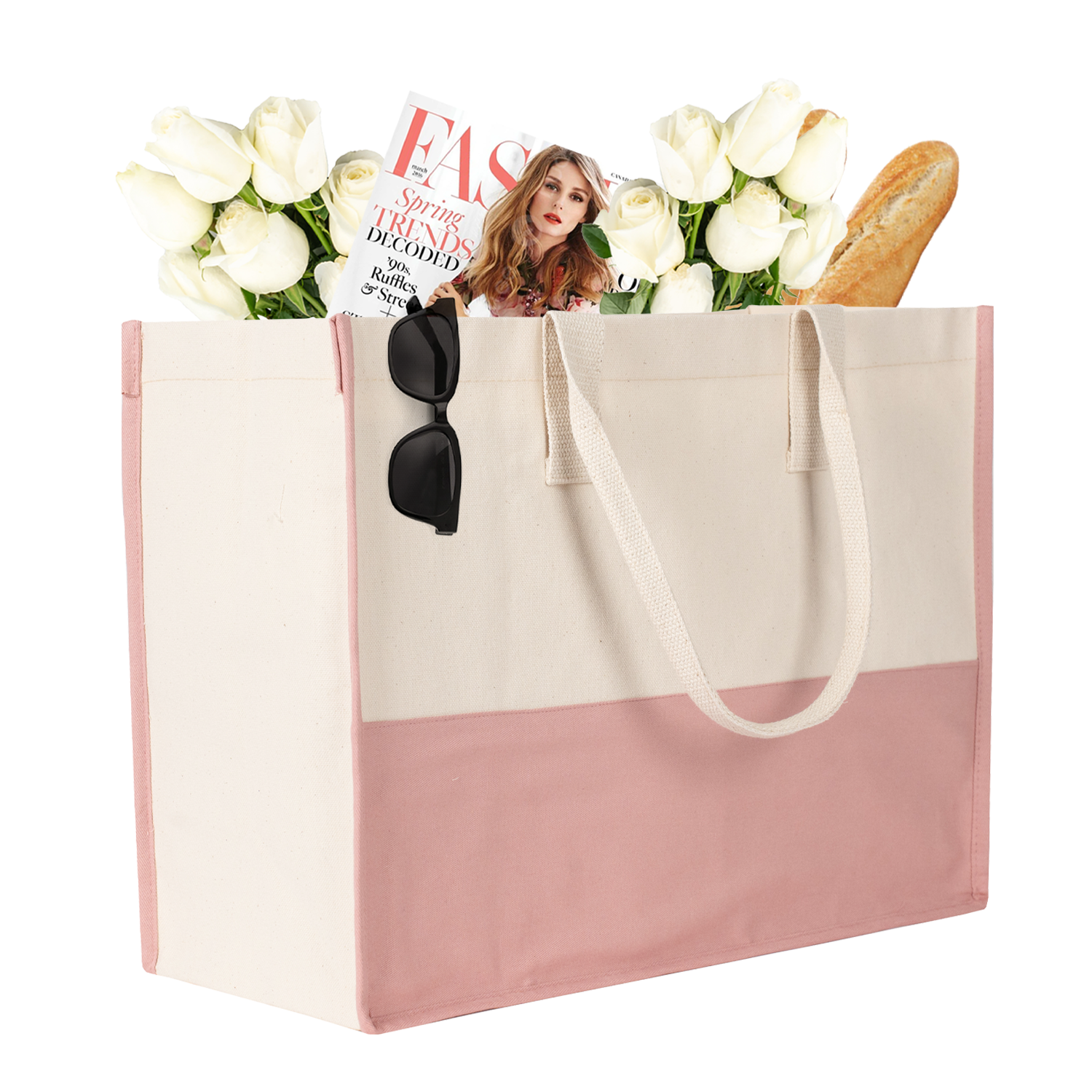 Large pink and beige canvas tote bag filled with flowers and bread – perfect for daily errands or beach