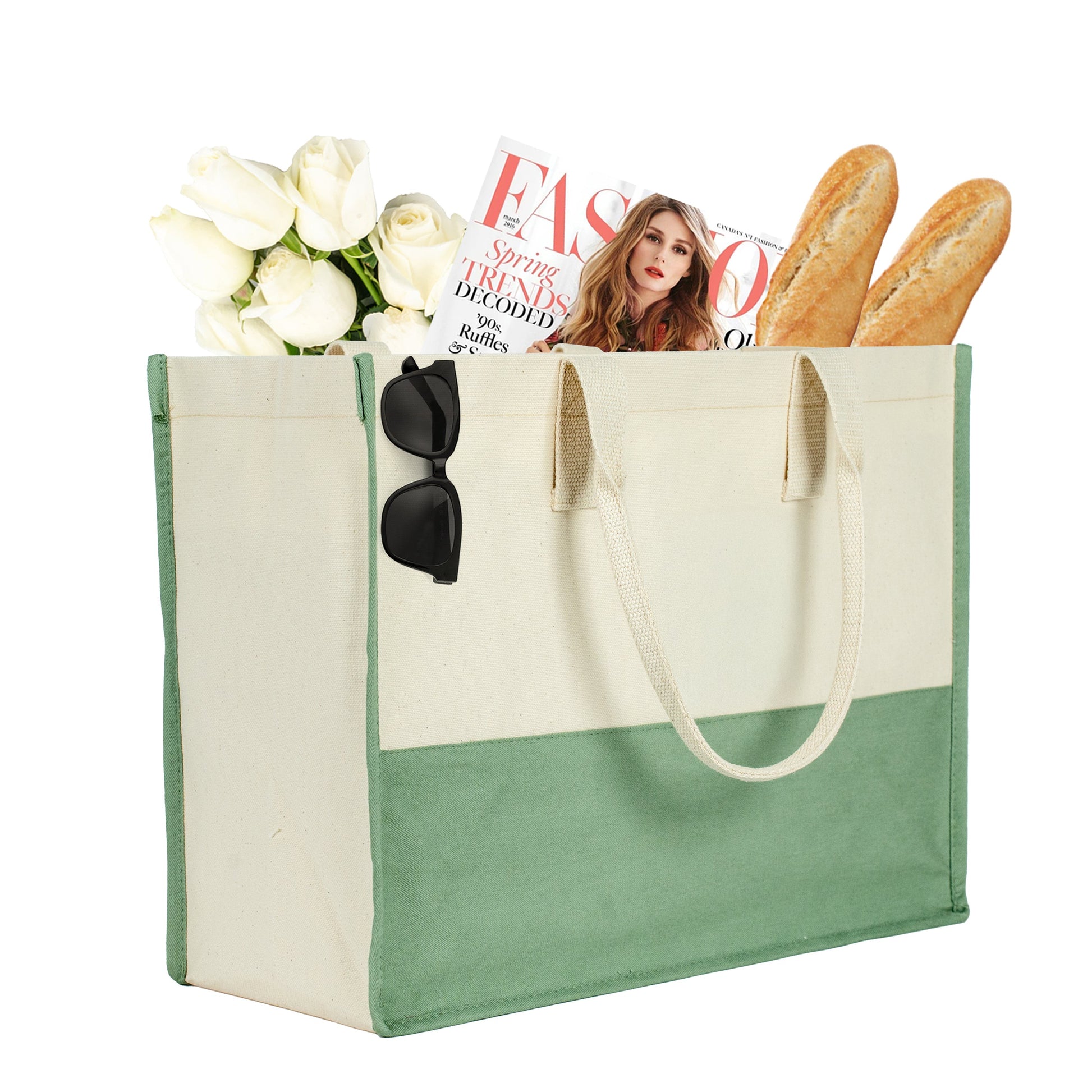 Oversized reusable cotton tote bag filled with groceries and flowers – eco-friendly and practical