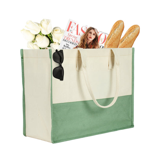 Oversized reusable cotton tote bag filled with groceries and flowers – eco-friendly and practical