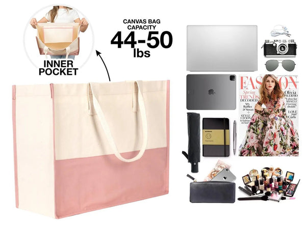 Elite Large Canvas Tote Bag – Pink Shopping & Beach Bag with Pocket, Durable 390gsm Cotton - Pamusan.com