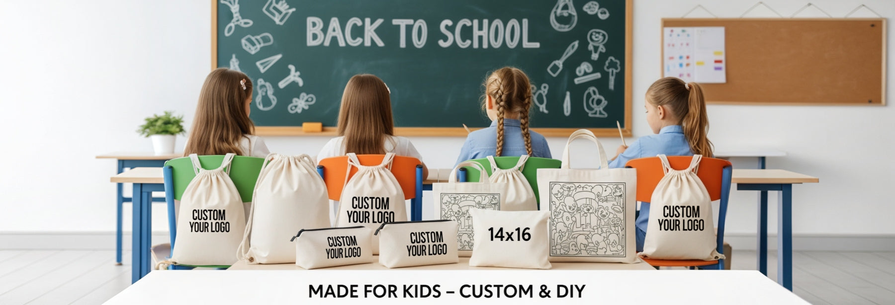 Children sitting in a classroom with personalized bags, with a chalkboard displaying 'Back to School'.