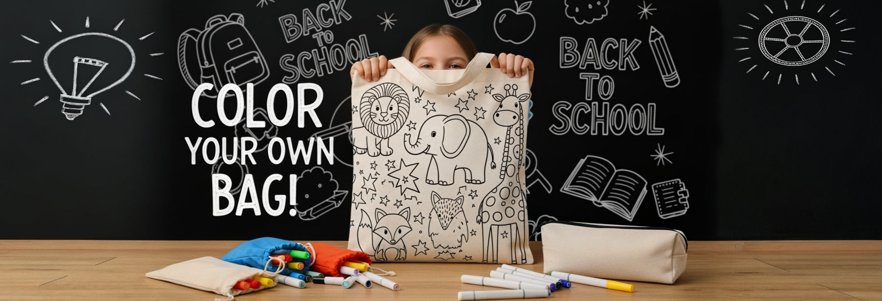 Child holding a coloring book with 'Back to School' theme and stationery items on a table.