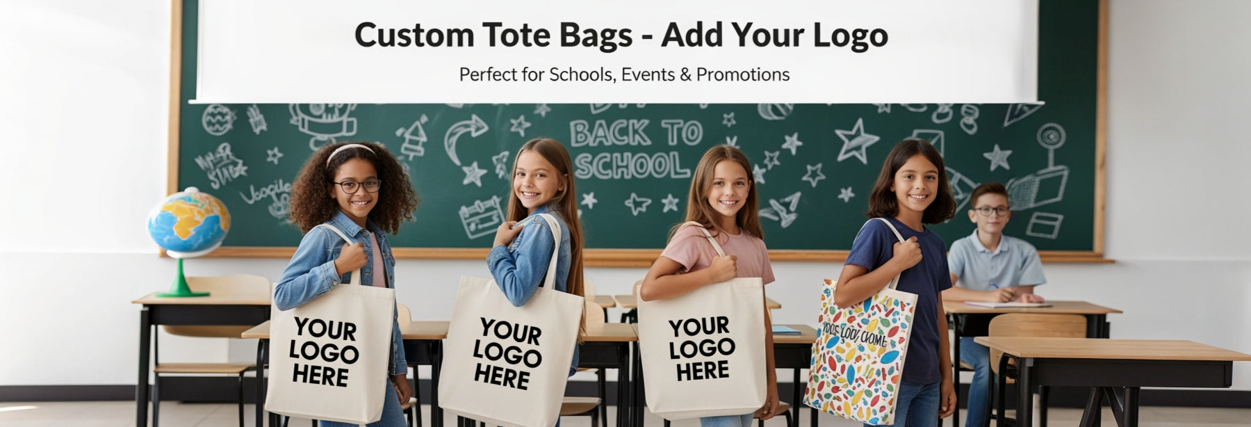 Children in a classroom holding custom tote bags with 'Your Logo Here' text, promotional banner for custom tote bags.