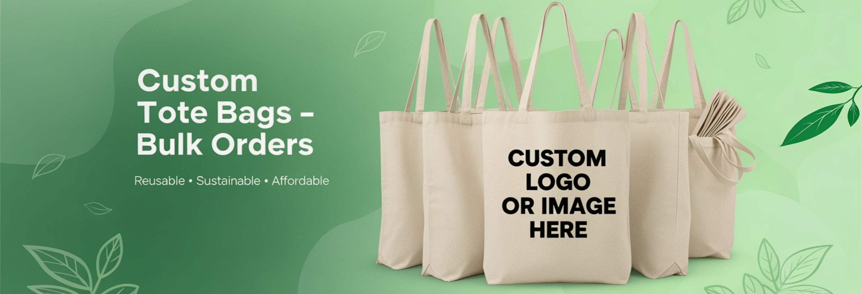 Beige tote bags with customizable text on a green background