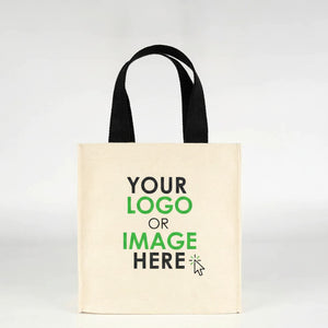 Custom printed canvas tote bag standing upright showing full gusset shape