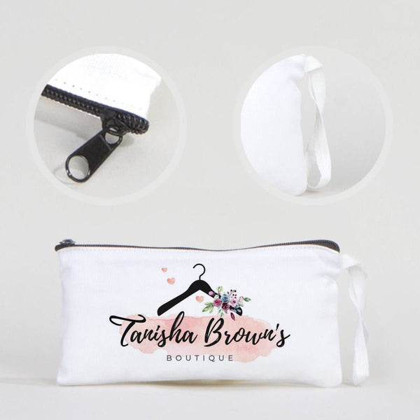 Fabric Pencil Case – 8"x4" White Cotton with Black Zipper (Personalized) - Pamusan.com