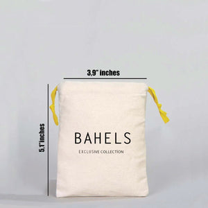 Beige drawstring bag with 'BAHELS' branding and size measurements on a light gray background