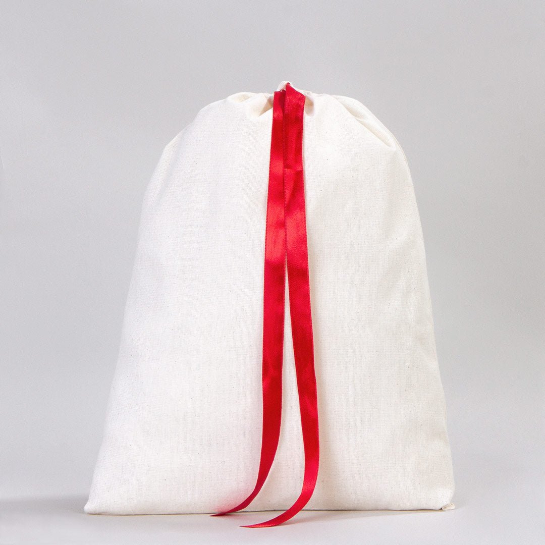 12x16 Cotton Drawstring Bag – Natural Fabric Pouch with Red Ribbon