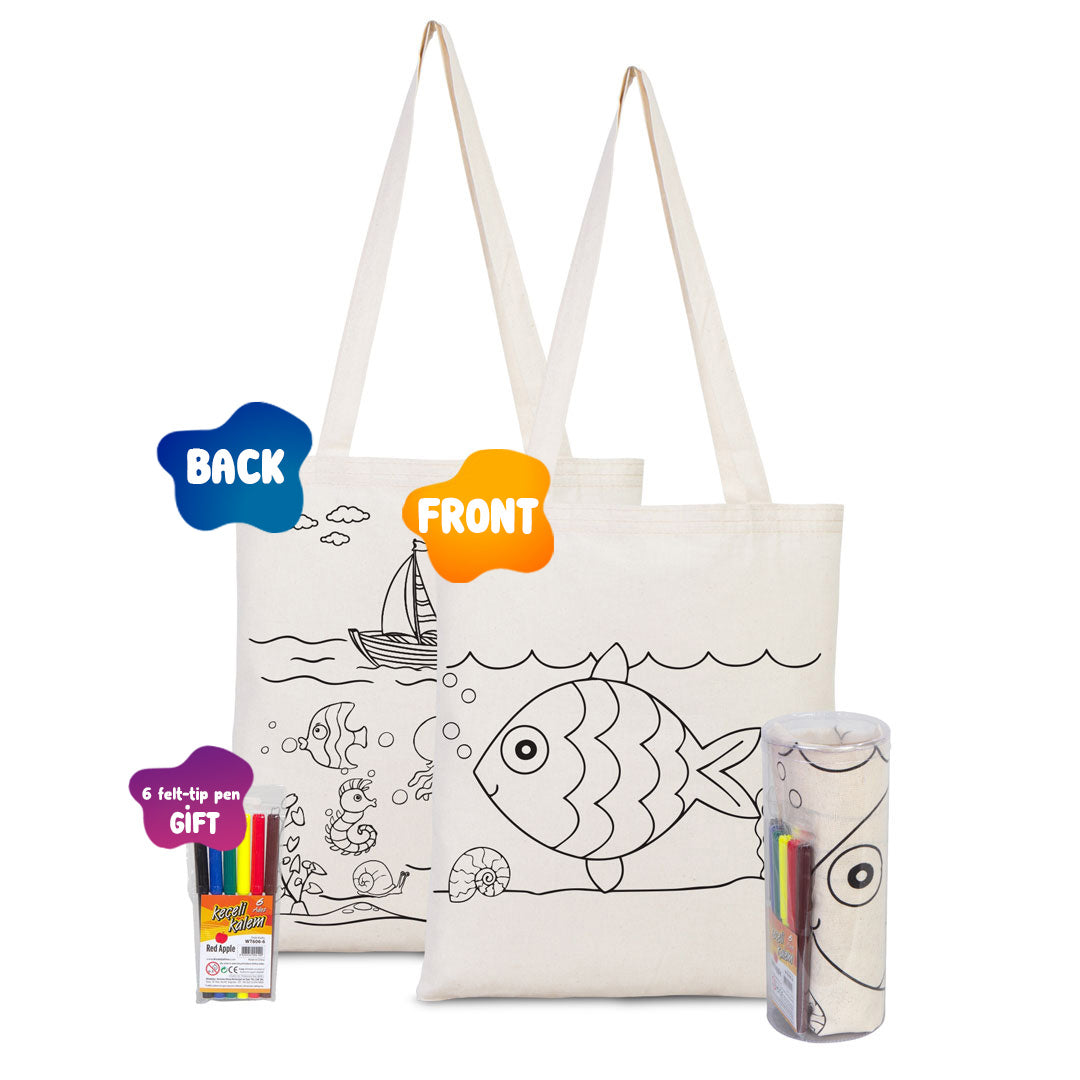 Fish - Boat Printed Dyeable Tote Bag 14" W x 16" H (35 cm x 40 cm) & Felt Tip