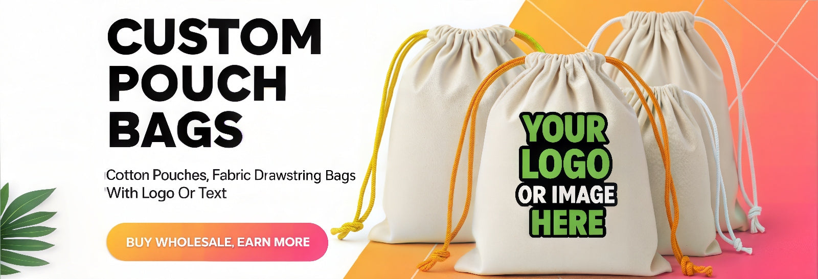 Three drawstring bags with customizable text or logo on a colorful background