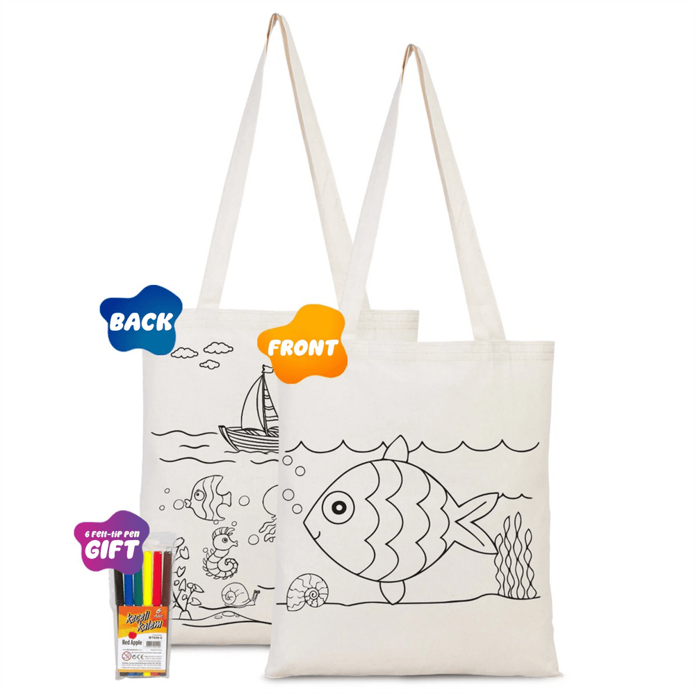 Fish - Boat Printed Dyeable Tote Bag 14" W x 16" H (35 cm x 40 cm) & Felt Tip - Pamusan.com