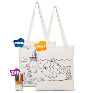 Fish - Boat Printed Dyeable Tote Bag 14" W x 16" H (35 cm x 40 cm) & Felt Tip - Pamusan.com