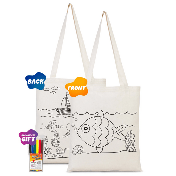 Fish - Boat Printed Dyeable Tote Bag 14" W x 16" H (35 cm x 40 cm) & Felt Tip - Pamusan.com