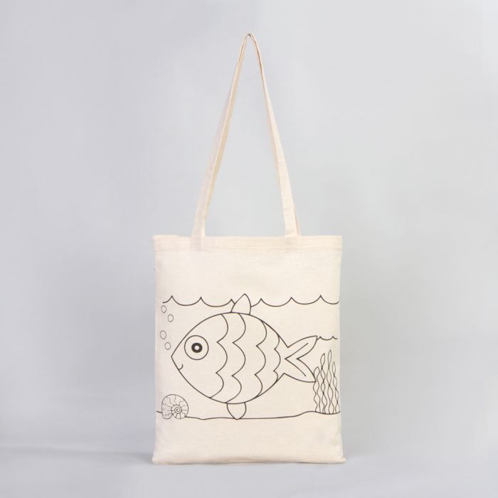 Fish - Boat Printed Dyeable Tote Bag 14" W x 16" H (35 cm x 40 cm) & Felt Tip - Pamusan.com