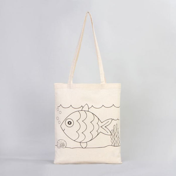 Fish - Boat Printed Dyeable Tote Bag 14" W x 16" H (35 cm x 40 cm) & Felt Tip - Pamusan.com